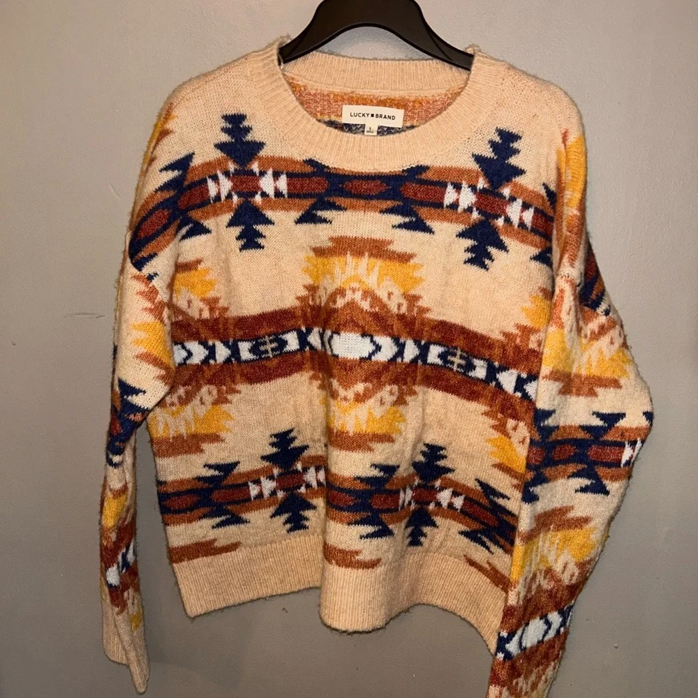 Lucky Brand Aztec Print Cream and Blue Crewneck Sweater - Picture 2 of 9